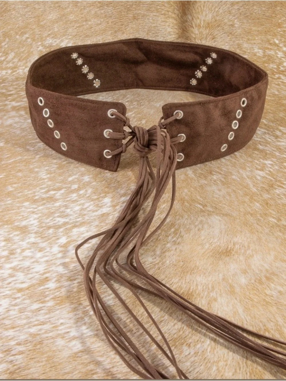 Vegan Leather Grommet Lace-up Fringe Belt O/S